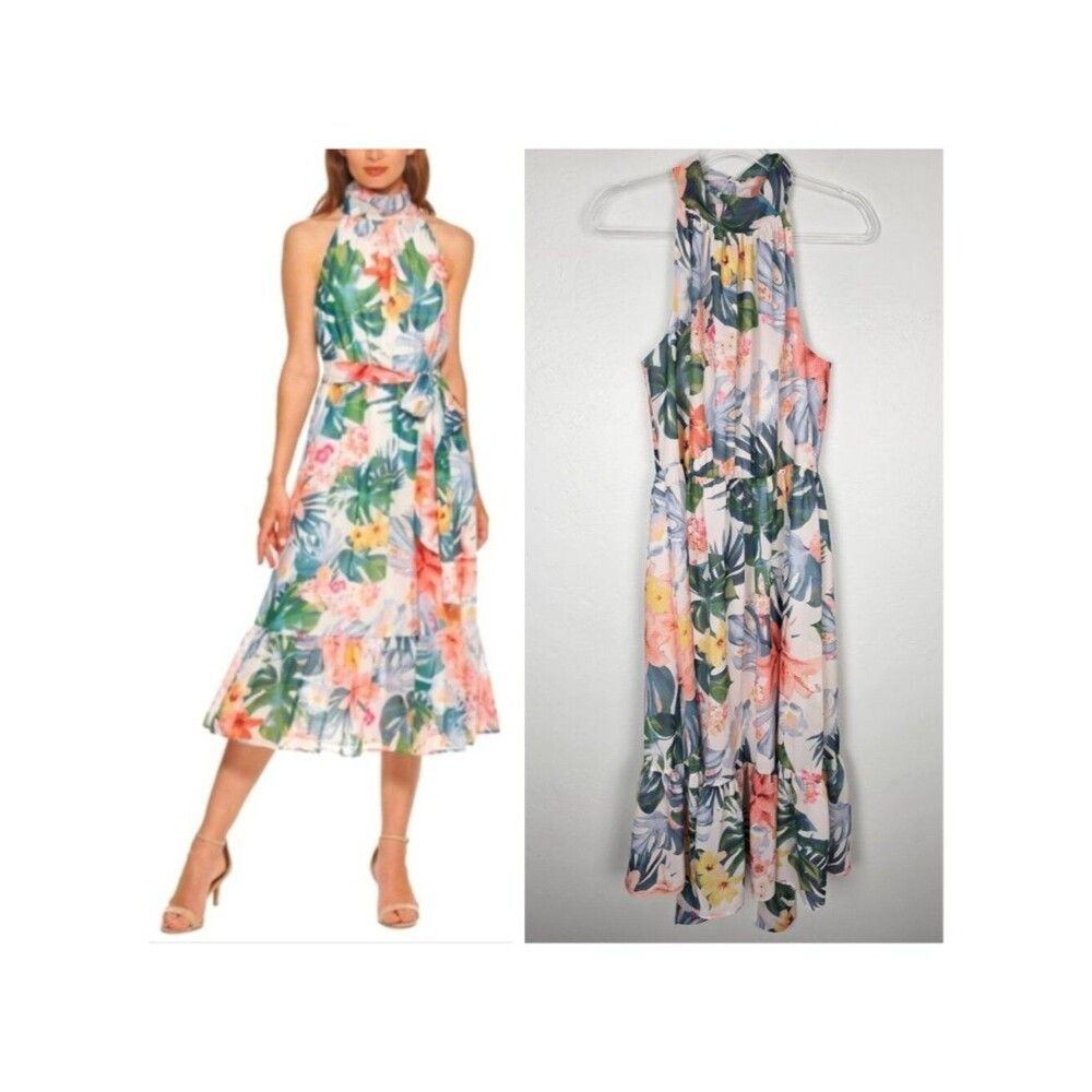 Eliza J Tropical Floral Midi Dress High Neck Sleeveless Multicolor Size 10